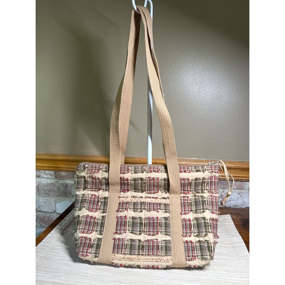 Plaid Patchwork Tote Bag With Tan Straps & Side Pocket